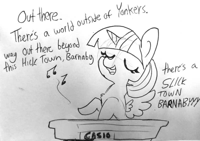 Size: 1743x1231 | Tagged: safe, artist:tjpones, derpibooru import, twilight sparkle, twilight sparkle (alicorn), alicorn, pony, black and white, casio, chest fluff, dialogue, eyes closed, female, grayscale, hello dolly!, keyboard, lineart, lyrics, mare, monochrome, music notes, musical instrument, open mouth, put on your sunday clothes, singing, solo, song reference, synthesizer, text, traditional art