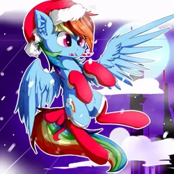 Size: 960x960 | Tagged: artist needed, source needed, safe, derpibooru import, rainbow dash, pegasus, pony, candy, candy cane, christmas, clothes, female, flying, food, hat, holiday, mare, santa hat, socks, solo, spread wings, wings