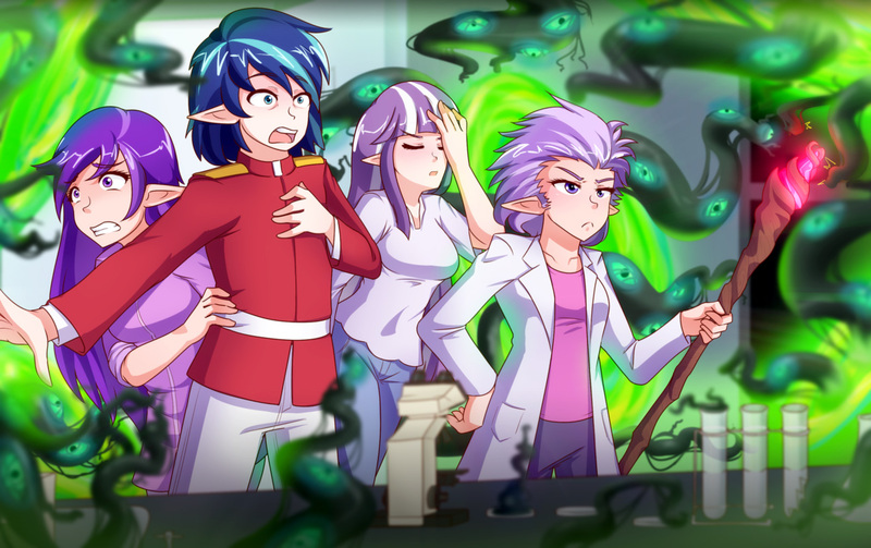 Size: 1280x805 | Tagged: amethyst star, artist:jonfawkes, clothes, commission, derpibooru import, elf ears, fanfic, fanfic art, female, human, humanized, humanized oc, laboratory, male, monster, oc, safe, scared, shining armor, twilight velvet, unicorns as elves