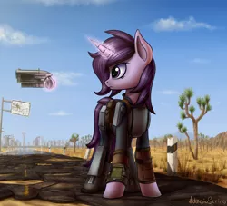 Size: 2200x2000 | Tagged: safe, artist:adagiostring, derpibooru import, oc, oc:amethyst heartstone, unofficial characters only, pony, unicorn, fallout equestria, fanfic, clothes, fallout, fallout: new vegas, fanfic art, female, glowing horn, gun, handgun, hooves, horn, levitation, magic, mare, pipbuck, pistol, solo, telekinesis, wasteland, weapon