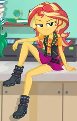Size: 400x630 | Tagged: safe, artist:charliexe, derpibooru import, edit, sunset shimmer, equestria girls, equestria girls series, forgotten friendship, angry, annoyed, boots, clothes, frown, geode of empathy, high heel boots, leather, leather vest, legs, looking at you, magical geodes, schrödinger's pantsu, shoes, skirt, skirt lift, solo, sunset shimmer is not amused, unamused
