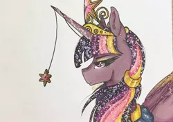 Size: 1280x904 | Tagged: safe, artist:nightmare-moons-throneroom, derpibooru import, twilight sparkle, twilight sparkle (alicorn), alicorn, pony, big crown thingy, constellation, element of magic, ethereal mane, female, hair tie, horn jewelry, jewelry, mare, older, rainbow power, regalia, simple background, solo, starry mane, ultimate twilight, white background