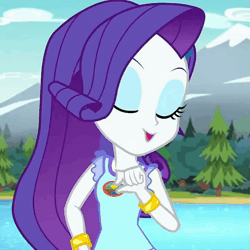 Size: 719x720 | Tagged: safe, derpibooru import, screencap, rarity, equestria girls, legend of everfree, animated, beautiful, camp everfree logo, camp everfree outfits, cropped, cute, forest, gif, lidded eyes, mountain, raribetes, river, solo