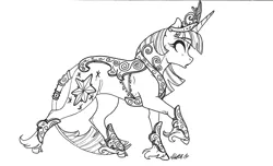 Size: 1280x776 | Tagged: safe, artist:nightmare-moons-throneroom, derpibooru import, twilight sparkle, classical unicorn, pony, unicorn, armor, big crown thingy, black and white, cloven hooves, cutie mark, element of magic, female, grayscale, jewelry, leonine tail, lineart, mare, monochrome, open mouth, regalia, solo, tail jewelry, unicorn twilight, unshorn fetlocks, walking