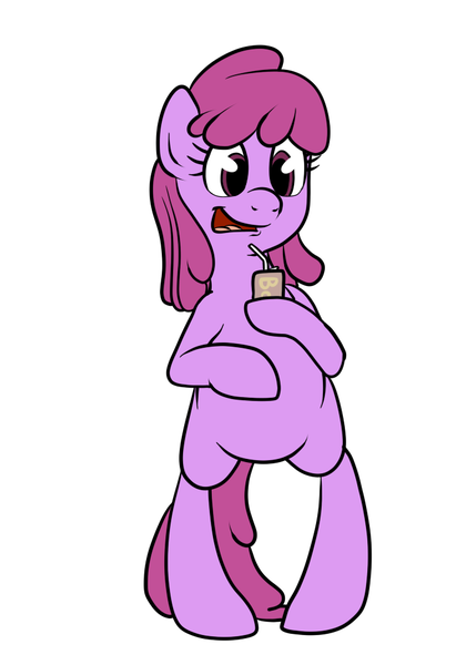 Size: 700x1000 | Tagged: safe, artist:bennimarru, derpibooru import, berry punch, berryshine, earth pony, pony, bipedal, can, coffee, female, mare, simple background, smiling, solo, white background