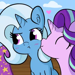 Size: 1650x1650 | Tagged: safe, artist:tjpones, derpibooru import, starlight glimmer, trixie, pony, unicorn, :t, blushing, cute, diatrixes, ear fluff, eyes closed, female, floating heart, glimmerbetes, heart, horn, kissing, lesbian, looking away, mare, puffy cheeks, shipping, smiling, startrix, tsundere, tsunderixie