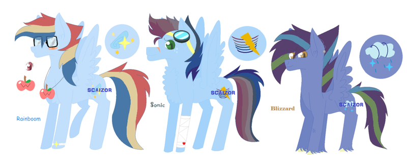 Size: 1024x392 | Tagged: safe, artist:justcallmescaizor, derpibooru import, oc, oc:blizzard dash, oc:rainboom dash, oc:sonic dash, unofficial characters only, pegasus, pony, bandage, female, glasses, goggles, jewelry, male, mare, necklace, offspring, parent:rainbow dash, parent:soarin', parents:soarindash, simple background, stallion, white background