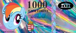 Size: 599x261 | Tagged: bank, bank note, coat of arms, currency, derpibooru import, holographic, hungarian, hungary, money, note, rainbow dash, safe