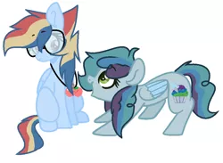 Size: 920x672 | Tagged: safe, artist:justcallmescaizor, derpibooru import, oc, oc:cupcake, oc:rainboom dash, unofficial characters only, pegasus, pony, glasses, half-siblings, interdimensional siblings, jewelry, necklace, offspring, parent:cheese sandwich, parent:rainbow dash, parent:soarin', parents:cheesedash, parents:soarindash, simple background, white background