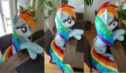 Size: 3432x2008 | Tagged: safe, artist:epicrainbowcrafts, derpibooru import, rainbow dash, pegasus, pony, chair, crossed hooves, cute, dashabetes, female, high res, irl, life size, mare, photo, plushie, sitting, solo, table