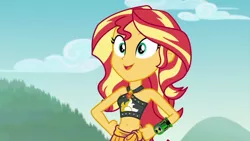 Size: 1280x720 | Tagged: safe, derpibooru import, edit, sunset shimmer, equestria girls, equestria girls series, unsolved selfie mysteries, belly button, ben 10, ben 10 ultimate alien, bikini, clothes, geode of empathy, midriff, omnitrix, sarong, solo, stomach, swimsuit, ultimatrix
