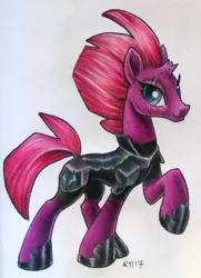 Size: 850x1177 | Tagged: safe, artist:andpie, derpibooru import, tempest shadow, pony, unicorn, my little pony: the movie, armor, broken horn, eye scar, female, mare, pretty pretty tempest, raised hoof, scar, smiling, traditional art