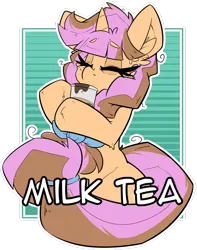 Size: 1280x1626 | Tagged: safe, artist:bbsartboutique, derpibooru import, oc, oc:milk tea, unofficial characters only, pony, unicorn, badge, braid, coffee, con badge, drinking, eyes closed, female, mare, simple background, solo, transparent background