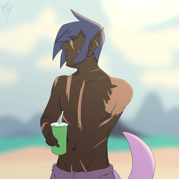 Size: 1688x1688 | Tagged: amputee, artist:moonakart13, artist:moonaknight13, beach, clothes, dark skin, derpibooru import, drink, human, missing limb, oc, oc:twilight night, reptile tail, safe, scar, smoothie, stump, summer, twilight sparkle