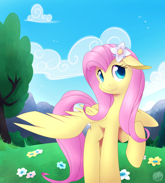 Size: 878x975 | Tagged: safe, artist:skyheavens, derpibooru import, fluttershy, pegasus, pony, cute, female, flower, flower in hair, looking at you, mare, shyabetes, solo