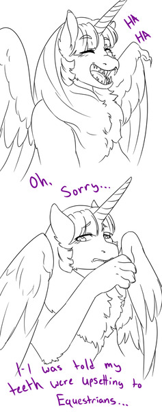 Size: 758x1920 | Tagged: alicorn, alternate universe, arranged marriage au, artist:pastel-pony-pictures, comic, derpibooru import, eyes closed, fangs, female, floppy ears, grayscale, horn, laughing, monochrome, partial color, quadrupedal, rarilightbomb, safe, simple background, smiling, species swap, sphinx, sphinxlight sparkle, teeth, text, twilight sparkle, twilight sparkle (alicorn), wings
