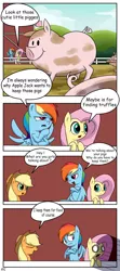 Size: 1024x2299 | Tagged: safe, artist:richard-skip, derpibooru import, applejack, fluttershy, rainbow dash, earth pony, pegasus, pig, pony, comic, female, fridge horror, mare, peppa pig, ponies eating meat, speech bubble, sweet apple acres, the implications are horrible, unfortunate implications