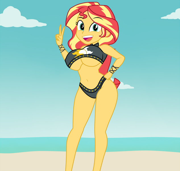 Size: 1900x1800 | Tagged: suggestive, artist:mashoart, derpibooru import, sunset shimmer, equestria girls, equestria girls series, beach, big breasts, bikini, breasts, busty sunset shimmer, clothes, curvy, female, looking at you, ocean, open mouth, peace sign, sky, solo, solo female, swimsuit, underboob