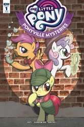 Size: 1054x1600 | Tagged: safe, artist:brendahickey, derpibooru import, idw, apple bloom, scootaloo, sweetie belle, earth pony, pegasus, pony, unicorn, ponyville mysteries, spoiler:comic, spoiler:comicponyvillemysteries1, bubble, bubble pipe, clothes, cover, cutie mark crusaders, deerstalker, detective, facial hair, female, filly, hat, magic, magnifying glass, moustache, pipe, ribbon, sherlock holmes