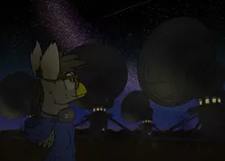 Size: 2353x1681 | Tagged: safe, artist:kamithepony, derpibooru import, oc, oc:piper pfeifer, gryphon, clothes, glasses, hoodie, milky way galaxy, nerd, night, radio telescope, solo