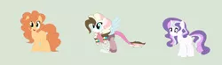 Size: 2072x616 | Tagged: safe, artist:roseloverofpastels, derpibooru import, oc, oc:gleaming gem, oc:honey bee, oc:topsy turvy, draconequus, unicorn, female, interspecies offspring, magical lesbian spawn, mare, offspring, parent:cheese sandwich, parent:discord, parent:fleur-de-lis, parent:fluttershy, parent:pinkie pie, parent:starlight glimmer, parents:discopie, parents:fluttersandwich, simple background