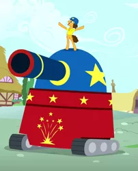 Size: 549x681 | Tagged: safe, derpibooru import, screencap, cheese sandwich, earth pony, pony, pinkie pride, cannon, cheese supreme cannonball surprise, clothes, cropped, helmet, male, party tank, shirt, solo, stallion, tank (vehicle), upright, vehicle