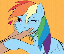 Size: 1141x963 | Tagged: safe, artist:crocface, color edit, derpibooru import, edit, editor:the dreaded, rainbow dash, human, pony, behaving like a dog, colored, cute, dashabetes, heart, holding head, human on pony petting, one eye closed, orange background, petting, simple background