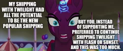 Size: 1194x499 | Tagged: derpibooru import, edit, edited screencap, image macro, implied flashlight, implied flash sentry, implied lesbian, implied shipping, implied straight, implied sunset shimmer, implied sunsetsparkle, implied tempestlight, implied twilight sparkle, meme, my little pony: the movie, safe, screencap, solo, tempest shadow