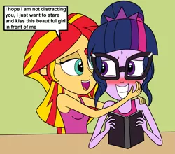 Size: 2041x1798 | Tagged: safe, artist:eagc7, derpibooru import, sci-twi, sunset shimmer, twilight sparkle, human, equestria girls, blushing, book, clothes, comic, contest entry, dialogue, distracted by the sexy, female, flirting, glasses, green background, lesbian, nervous, reading, scitwishimmer, shipping, simple background, sleeveless, sunsetsparkle, sweat, tanktop, text