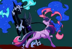 Size: 750x512 | Tagged: safe, artist:valo-son, derpibooru import, nightmare moon, twilight sparkle, alicorn, pony, unicorn, curved horn, duo, female, green background, horn, leonine tail, looking at each other, magic, mare, simple background, unicorn twilight, wings