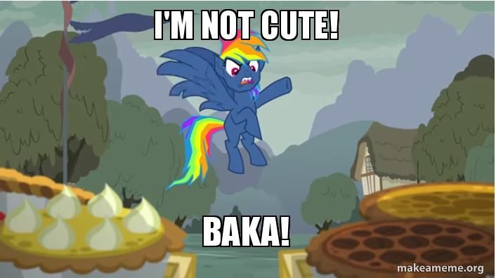 Size: 706x396 | Tagged: safe, derpibooru import, edit, edited screencap, screencap, rainbow dash, pegasus, pony, secrets and pies, adorapiehater, blatant lies, cart, cute, evil pie hater dash, female, flag, house, i'm not cute, image macro, mare, meme, pies, raised hoof, solo, tree, tsunderahater dash, tsunderainbow, tsundere