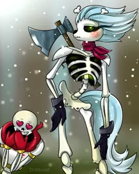 Size: 720x900 | Tagged: anthro, artist:draltruist, axe, blushing, bone, clothes, crossover, crossover shipping, derpibooru import, female, gloves, male, papyrus (undertale), safe, shipping, skeleton, skellinore, straight, the break up breakdown, undertale, weapon