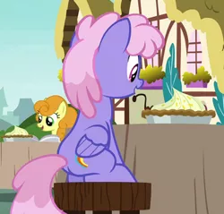 Size: 376x360 | Tagged: safe, derpibooru import, screencap, carrot top, golden harvest, rainbowshine, pegasus, pony, secrets and pies, background pony, cropped, female, food, lemon meringue pie, mare, pie, sitting, solo focus, table