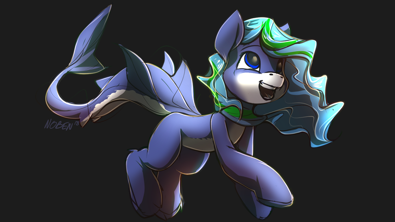 Size: 1920x1080 | Tagged: artist:noben, clothes, derpibooru import, female, fins, mare, monster mare, monster pony, oc, oc:star gazer, original species, safe, safety goggles, scarf, shark, shark pony, simple background, solo, unofficial characters only