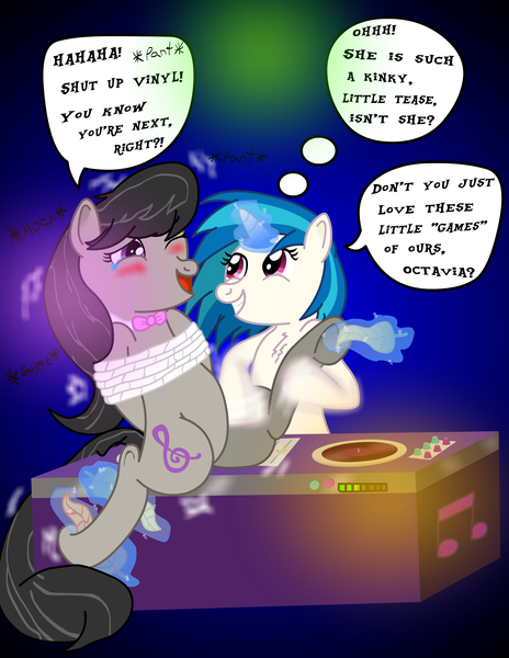 Size: 2373x3071 | Tagged: suggestive, artist:darkknighthoof, artist:darktailsko, derpibooru import, octavia melody, vinyl scratch, earth pony, pony, unicorn, blushing, bondage, bowtie, chest fluff, crying, erotic tickling, feather, female, females only, femdom, femsub, fetish, frog (hoof), glowing horn, hoof fetish, hoof tickling, laughing, lesbian, mare, one eye closed, open mouth, rope, rope bondage, scratchtavia, shipping, smiling, submissive, tavisub, tears of laughter, teeth, tickle fetish, tickle torture, tickling, turntable, underhoof, vinyldom