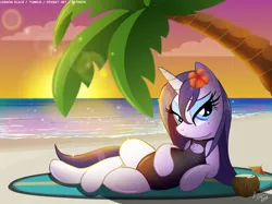 Size: 1024x767 | Tagged: safe, artist:lennonblack, derpibooru import, rarity, pony, unicorn, beach, beauty mark, chest fluff, clothes, coconut, coconut cup, female, flower, flower in hair, food, lidded eyes, mare, ocean, one-piece swimsuit, palm tree, solo, sunset, swimsuit, tree, wet mane