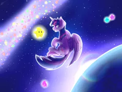 Size: 1024x768 | Tagged: alicorn, amazed, artist:ak4neh, cartoon physics, crossover, derpibooru import, earth, floating, galaxy, glow, lens flare, luma, open mouth, safe, solo, space, star bits, stars, super mario bros., super mario galaxy, twilight sparkle, twilight sparkle (alicorn)