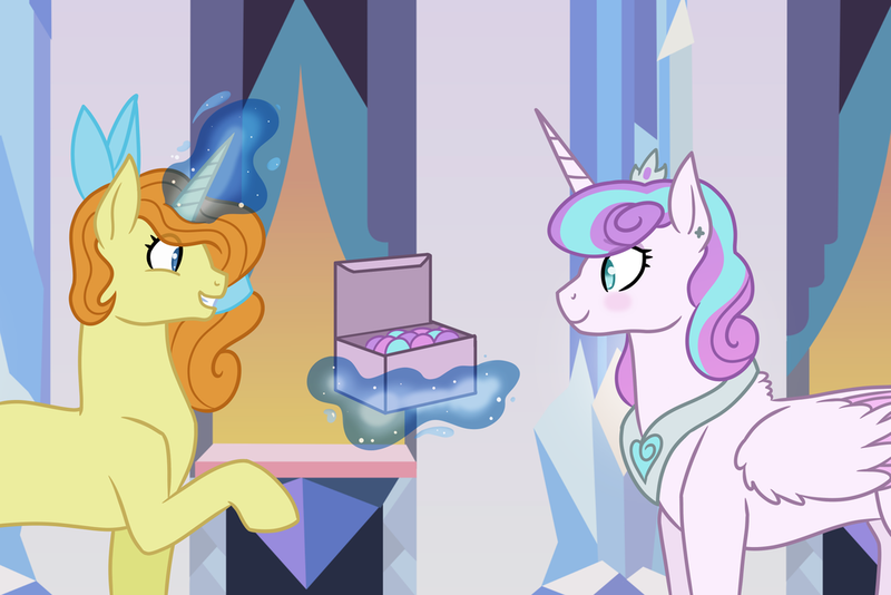 Size: 1024x683 | Tagged: safe, artist:quincydragon, derpibooru import, princess flurry heart, pumpkin cake, alicorn, pony, unicorn, box, crystal castle, female, jewelry, lesbian, levitation, magic, mare, necklace, older, older flurry heart, older pumpkin cake, pumpkin heart, shipping, telekinesis