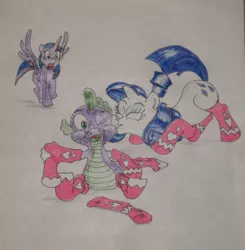 Size: 1787x1822 | Tagged: safe, artist:hillbe, derpibooru import, rarity, spike, twilight sparkle, twilight sparkle (alicorn), alicorn, blushing, clothes, female, kissing, male, one eye closed, shipping, socks, sparity, straight, traditional art, wink