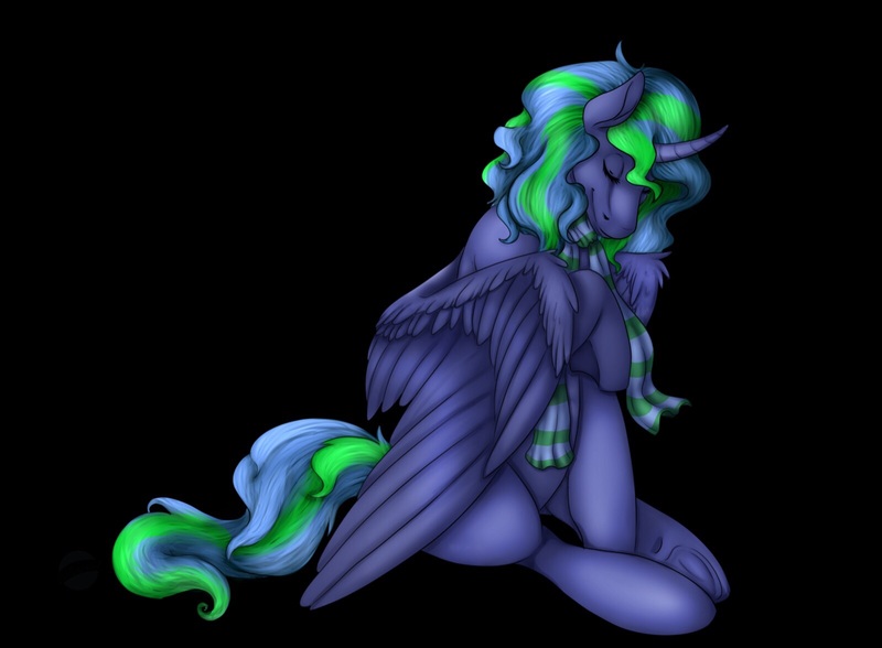 Size: 1600x1176 | Tagged: alicorn, alicorn oc, artist:celestialoddity, bashful, black background, clothes, derpibooru import, oc, oc:star gazer, safe, scarf, simple background, solo, unofficial characters only