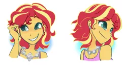 Size: 1111x589 | Tagged: safe, artist:bcpony, derpibooru import, sunset shimmer, equestria girls, alternate hairstyle, bust, cute, female, jewelry, necklace, shimmerbetes, short hair, shy, shy smile, simple background, smiling, white background