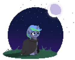 Size: 999x799 | Tagged: safe, artist:air muffins, derpibooru import, oc, oc:star gazer, unofficial characters only, pony, cloak, clothes, female, mare, moon, night, pixel art, simple background, solo, stars, transparent background