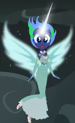 Size: 626x1024 | Tagged: safe, artist:mighty borlaug, derpibooru import, oc, oc:star gazer, equestria girls, clothes, dress, gloves, high heels, horn, magic overload, shoes, solo, wings