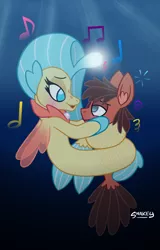 Size: 768x1200 | Tagged: safe, artist:snakeythingy, derpibooru import, princess skystar, oc, oc:sketchy dupe, seapony (g4), my little pony: the movie, canon x oc, coils, hypnosis, looking at each other, mermay, music notes, seaponified, singing, species swap, story included