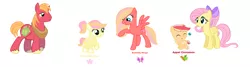 Size: 4836x1292 | Tagged: safe, artist:hollymau, derpibooru import, big macintosh, fluttershy, oc, oc:apple cinnamon, oc:butterfly wings, oc:cherry blossom, earth pony, pegasus, pony, alternate hairstyle, base used, bow, colt, family, female, filly, fluttermac, freckles, hair bow, male, mare, offspring, parent:big macintosh, parent:fluttershy, parents:fluttermac, ponytail, shipping, simple background, stallion, straight, unshorn fetlocks, white background, yoke
