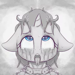 Size: 1885x1885 | Tagged: grimdark, artist:alcor, derpibooru import, edit, rarity, pony, unicorn, ahegao, bad edit, blushing, collar, colored pupils, crying, drool, eyes rolling back, female, floppy ears, mare, messy mane, mind break, mirrored, monochrome, neo noir, open mouth, partial color, solo, tongue out, unitinu