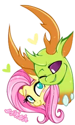 Size: 202x334 | Tagged: safe, artist:esmeia, derpibooru import, fluttershy, thorax, changedling, changeling, pony, blush sticker, blushing, bust, female, heart, interspecies, king thorax, male, mare, shipping, simple background, straight, thoraxshy, transparent background