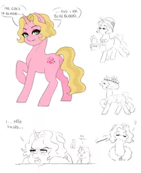 Size: 1000x1223 | Tagged: safe, artist:pikokko, derpibooru import, oc, oc:bloody rose, oc:floret, unofficial characters only, unicorn, beauty mark, brother and sister, cigarette, cigarette holder, fake moustache, female, hat, levitation, magic, male, mare, offspring, parent:prince blueblood, parent:rarity, parents:rariblood, purse, sea sickness, smoking, speech bubble, stallion, telekinesis