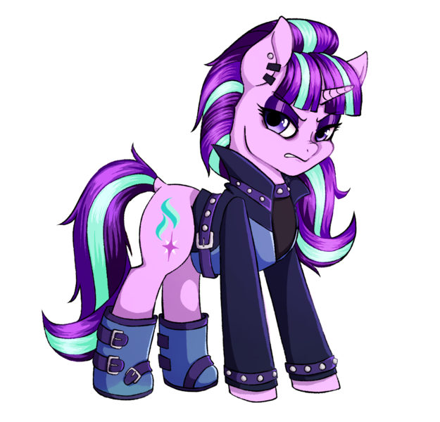 Size: 1200x1152 | Tagged: safe, artist:seishinann, derpibooru import, starlight glimmer, pony, the parent map, backwards cutie mark, belt, boots, clothes, coat, ear piercing, earring, edgelight glimmer, emo, female, goth, jacket, jewelry, looking at you, mare, piercing, shoes, simple background, solo, teenage glimmer, teenager, transparent background, watermark