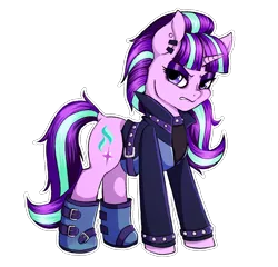 Size: 1200x1152 | Tagged: safe, artist:seishinann, derpibooru import, starlight glimmer, pony, the parent map, backwards cutie mark, belt, boots, clothes, coat, ear piercing, earring, edgelight glimmer, emo, female, goth, jacket, jewelry, looking at you, mare, piercing, shoes, simple background, solo, teenage glimmer, teenager, transparent background, watermark